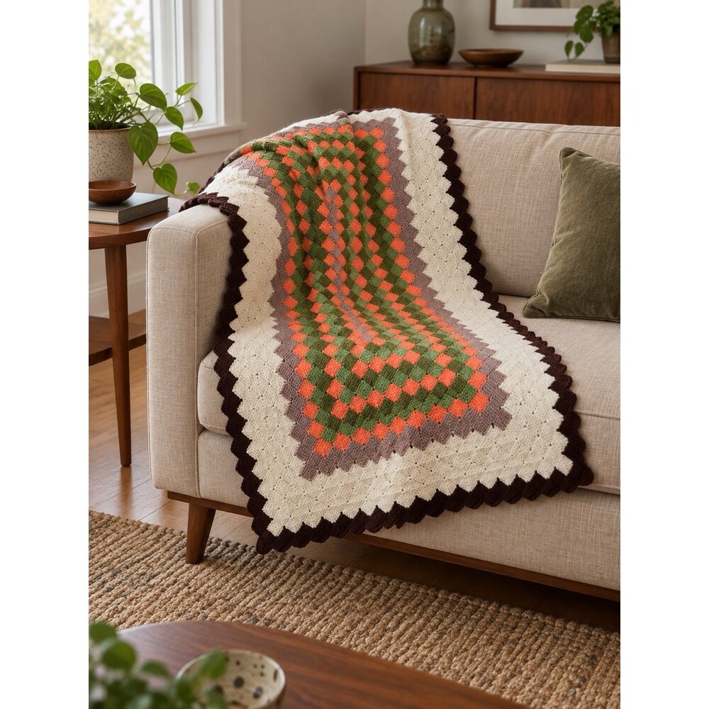 Handmade Crochet Afghan Throw Blanket Orange Green Diamond Pattern 33 × 52